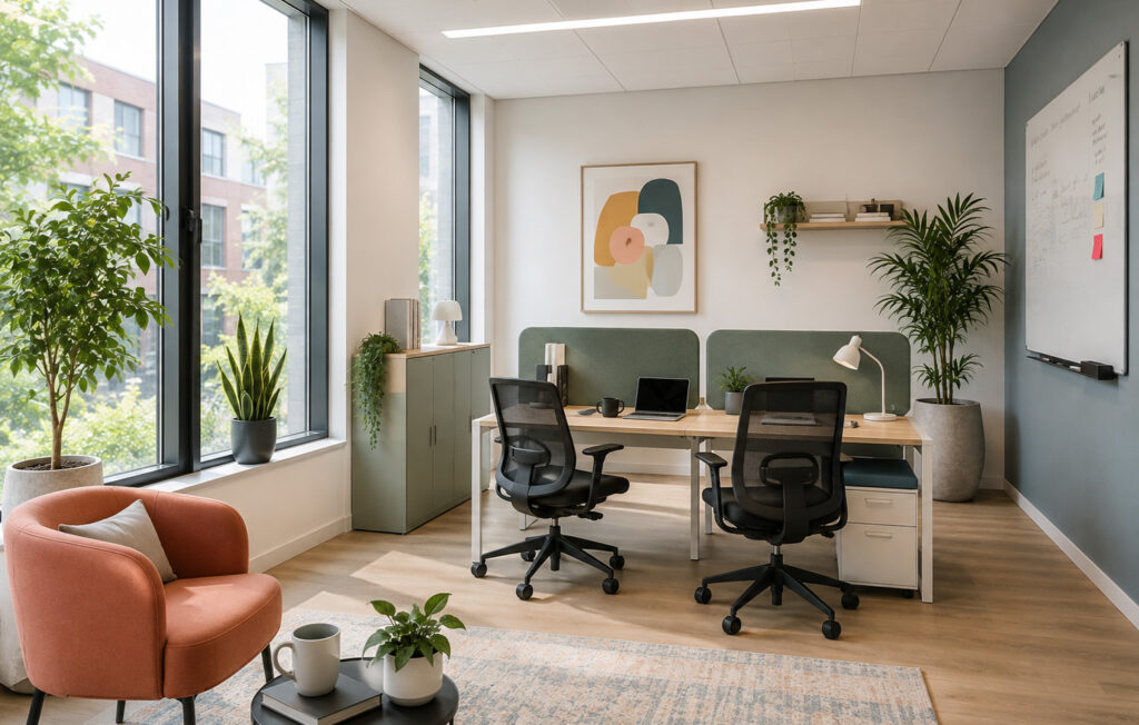 Bright modern office with two workstations, large windows, greenery, and a cozy seating area.