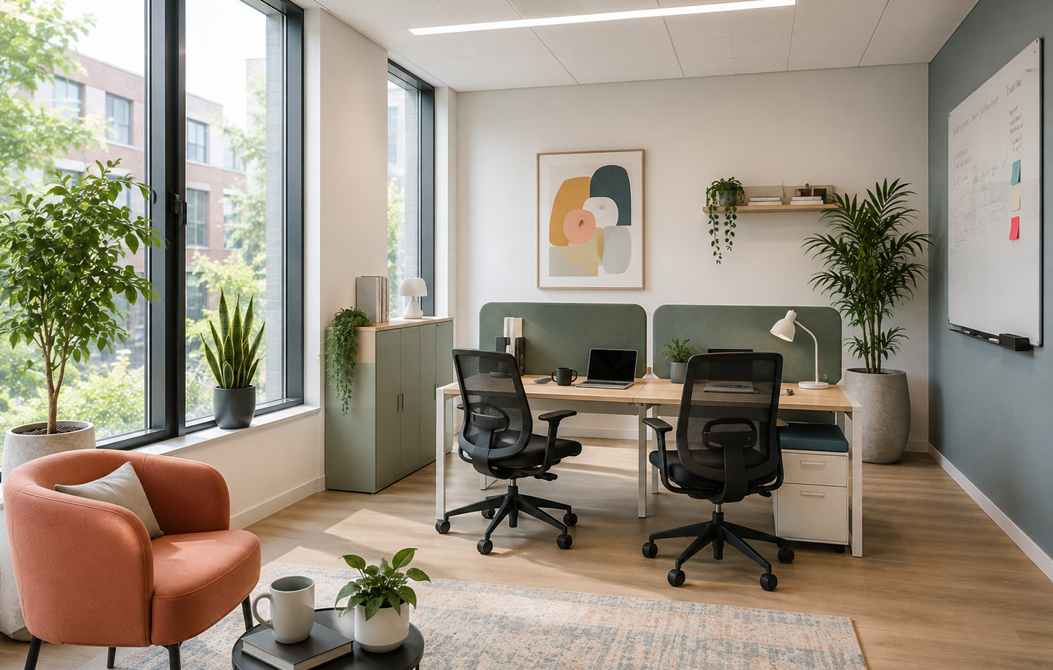 Bright modern office with two workstations, large windows, greenery, and a cozy seating area.