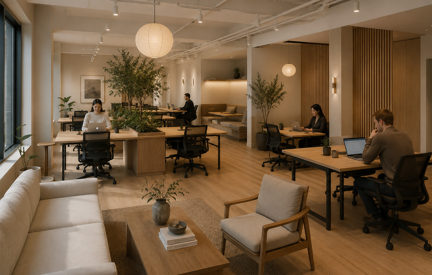 Modern open-plan office with warm wood tones, greenery, shared workspaces, and comfortable lounge seating.