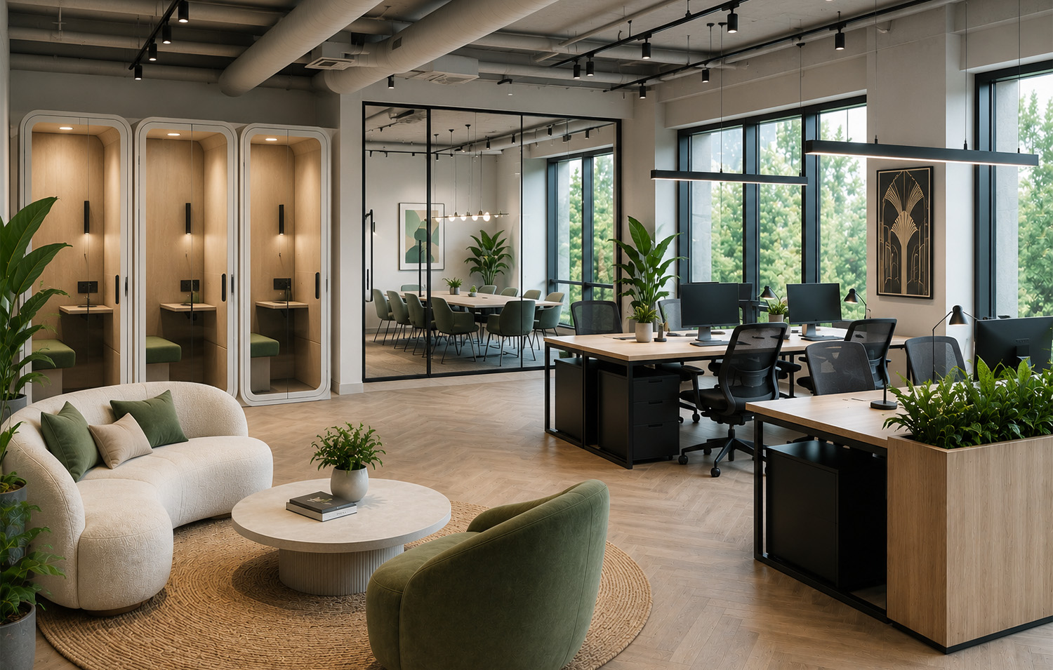 Bright, modern office with natural wood, greenery, workspaces, and private phone booths.