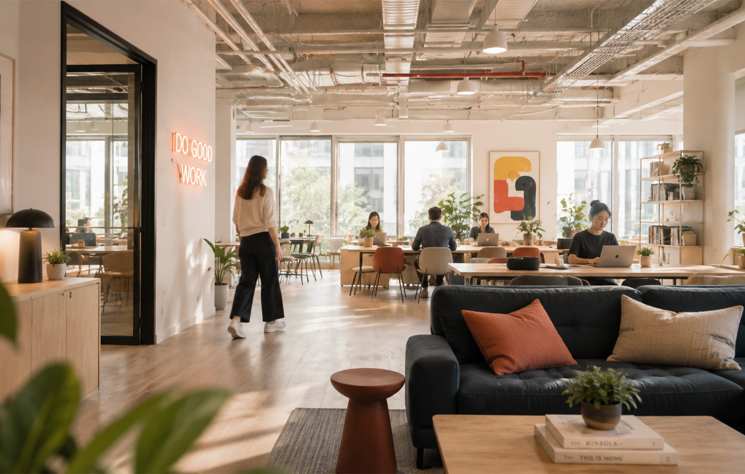 Bright, modern coworking space with comfortable lounge areas, shared workspaces, greenery, and natural light.